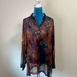 Chicos 100% silk Floral Sheer Button-Up Blouse-Size 3-Great for Fall 🍁